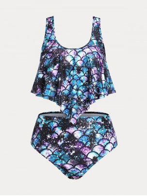 Plus Size & Curve Mermaid Print Ruffled Overlay Tankini Swimsuit