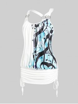 Plus Size O Ring Cinched Abstract Print Tank Top - WHITE - 3X