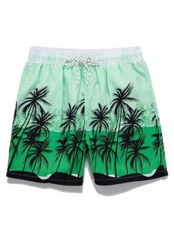 Drawstring Palm Tree Ombre Board Shorts - GREEN - M