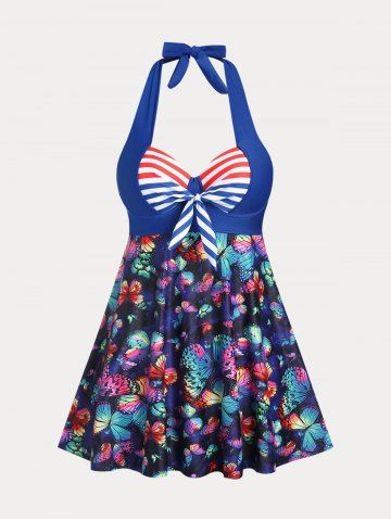 Plus Size & Curve Halter Underwire Butterfly Print High Waist Tankini Swimsuit - DEEP BLUE - 2X