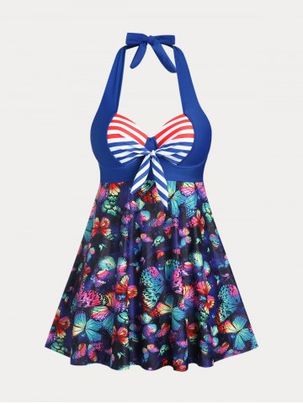 Plus Size & Curve Halter Underwire Butterfly Print High Waist Tankini Swimsuit