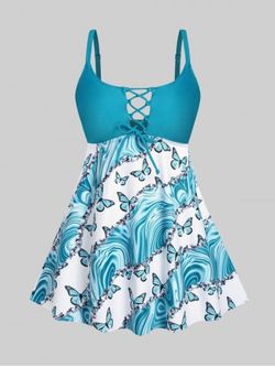 Plus Size & Curve Swirl Butterfly Print Lace Up Modest Tankini Swimsuit - LIGHT BLUE - L