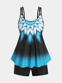 Plus Size & Curve Printed Ombre Color Modest Boyleg Tankini Swimsuit - BLUE - L