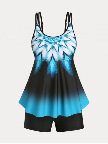 Plus Size & Curve Printed Ombre Color Modest Boyleg Tankini Swimsuit - BLUE - 2X