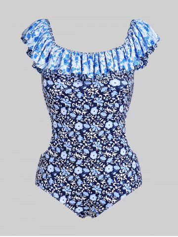 Plus Size Ruffle Embellished Side Cut Out Swimwear - DEEP BLUE - 2X