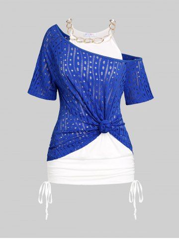 Plus Size & Curve Chain Cinched Blouson Top and Hollow Out Tee Set - BLUE - 4X | US 26-28