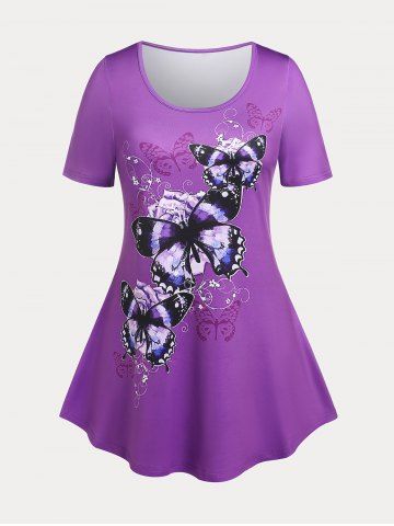 Floral Butterfly Print Plus Size Tunic T-shirt - PURPLE - 5X | US 30-32