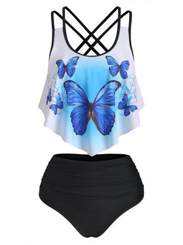 Crossover Butterfly Print Tankini Swimsuit - MULTI - XXL