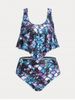Plus Size & Curve Mermaid Print Ruffled Overlay Tankini Swimsuit -  