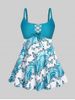 Maillot de Bain Tankini Modeste à Imprimé Papillons en Tourbillon de Grande Taille à Lacets - Bleu clair 5X