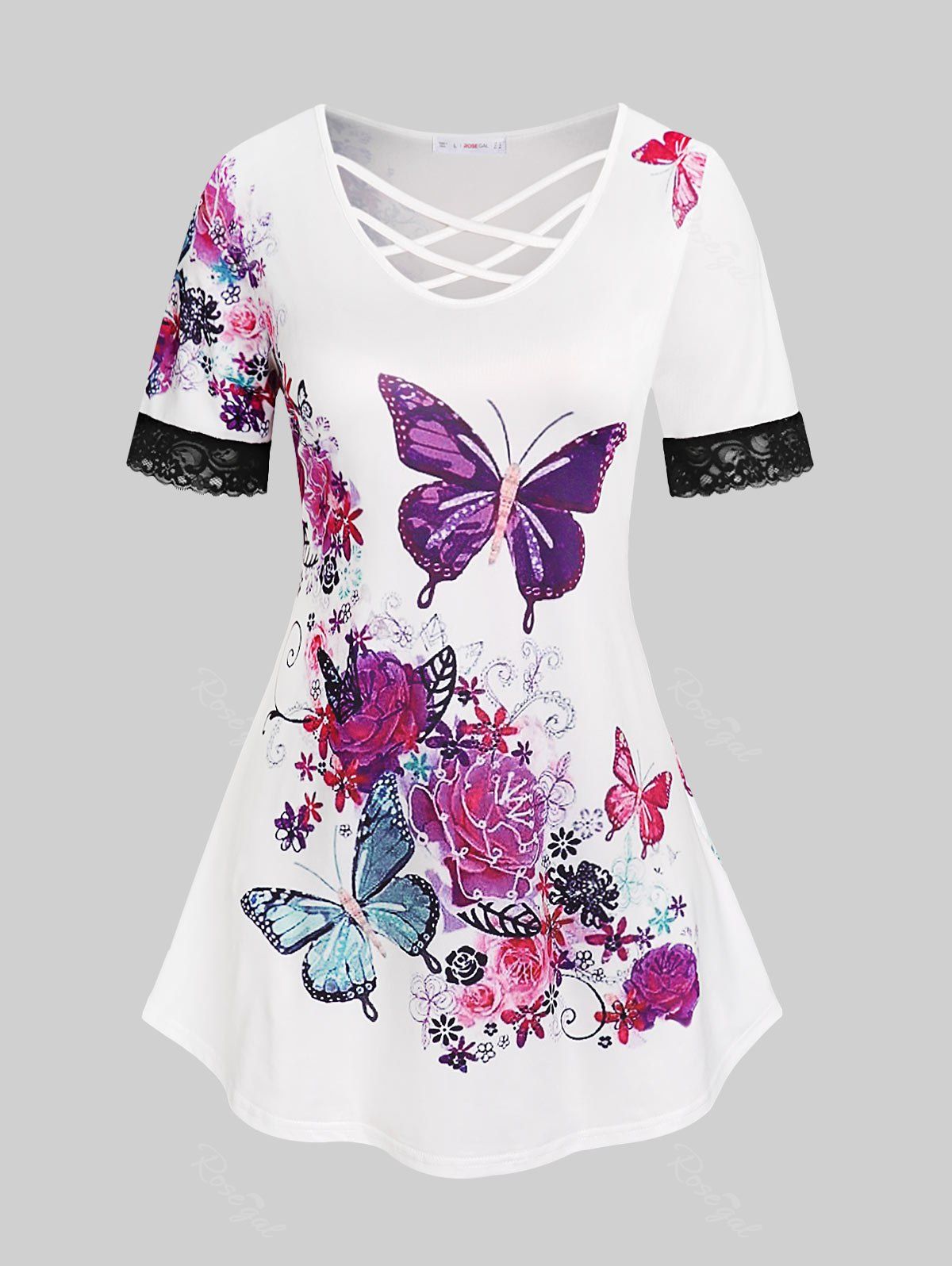 T-shirt à Imprimé Papillon et Fleurs à Dos Croisé Grande Taille Blanc 5X