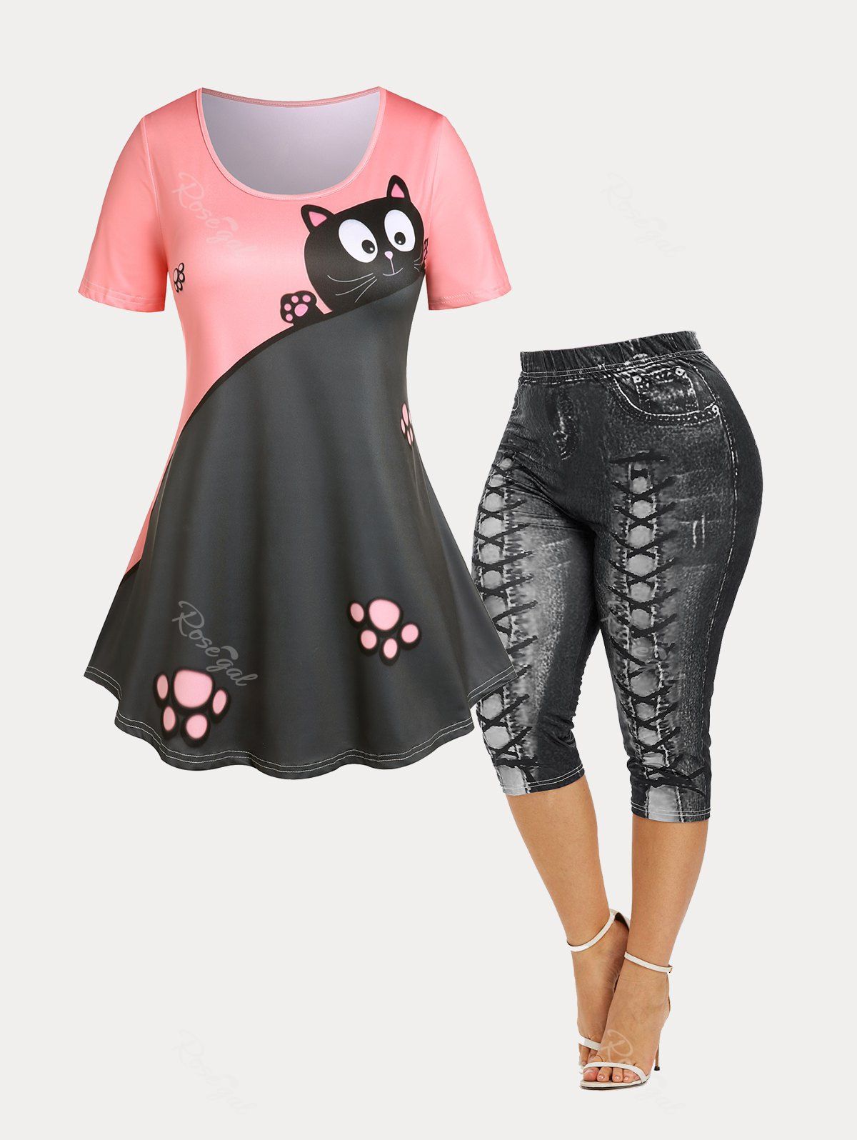 Trendy Two Tone Cat Print T-shirt and Curve High Waist Capri 3D Leggings Plus Size Summer Outfit  