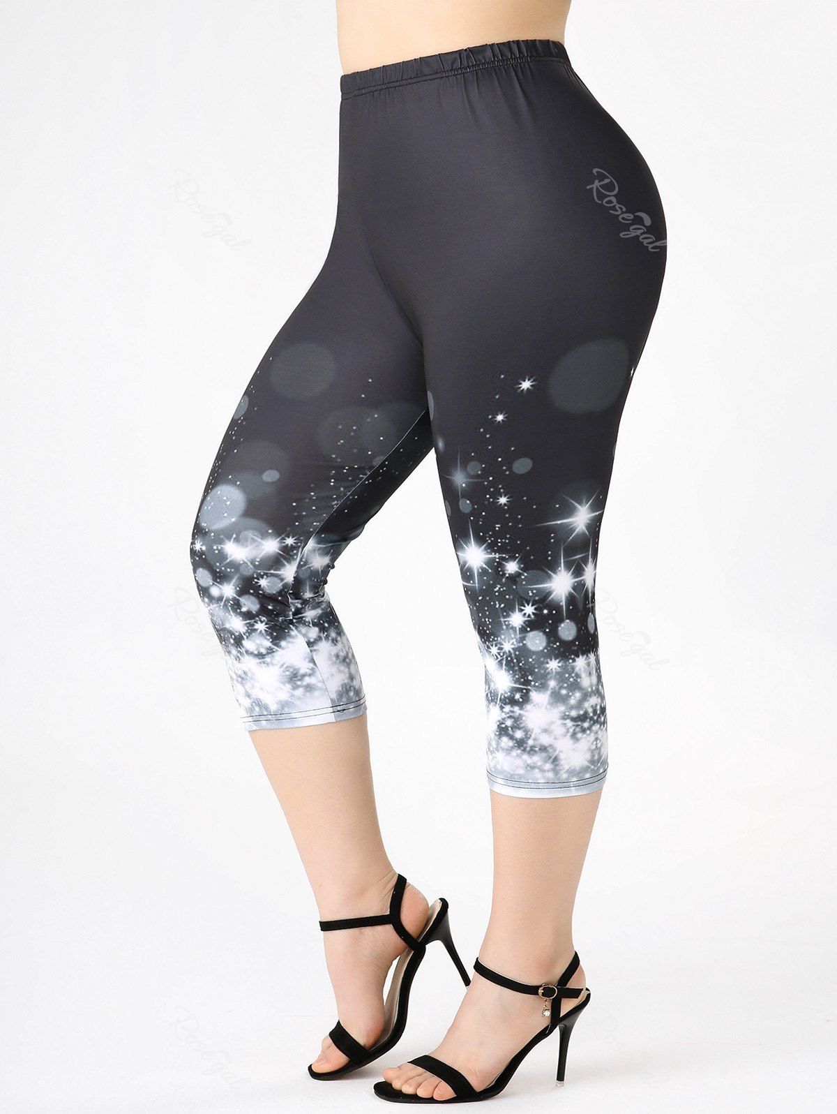 Latest Plus Size & Curve High Waist Sparkling Starlight Print Capri Leggings  