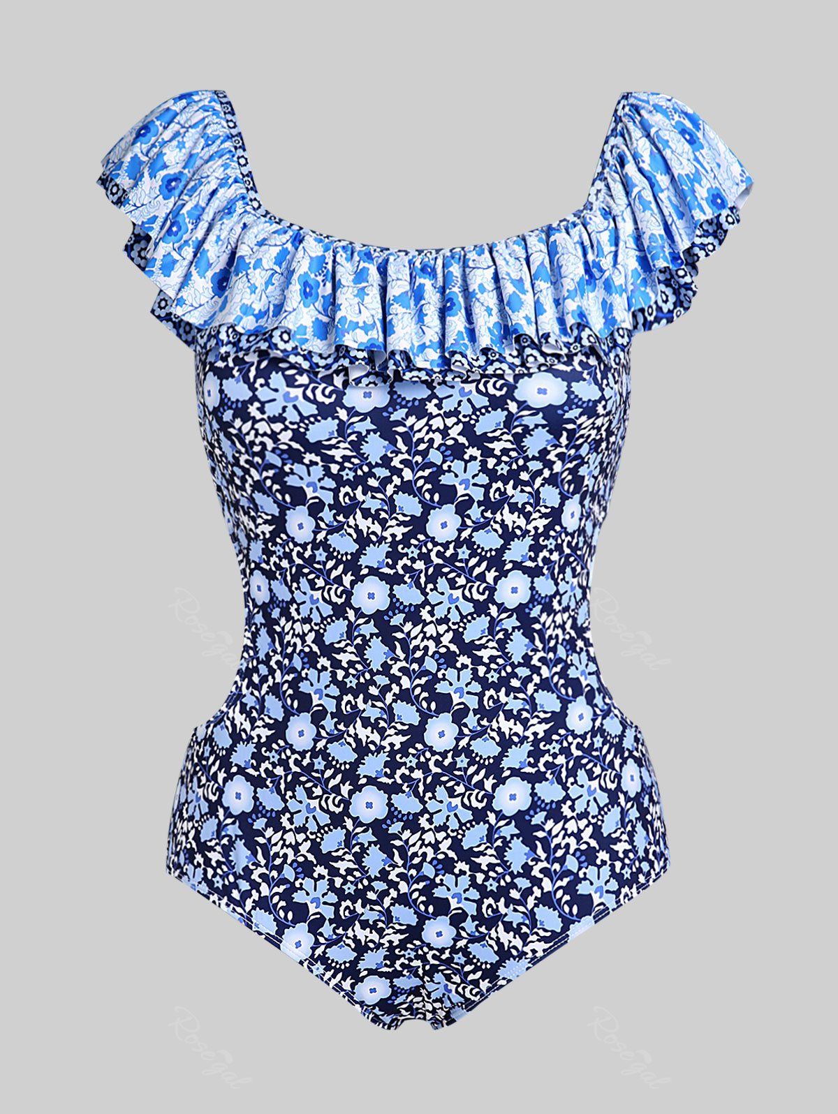 Online Plus Size Ruffle Embellished Side Cut Out Swimwear  