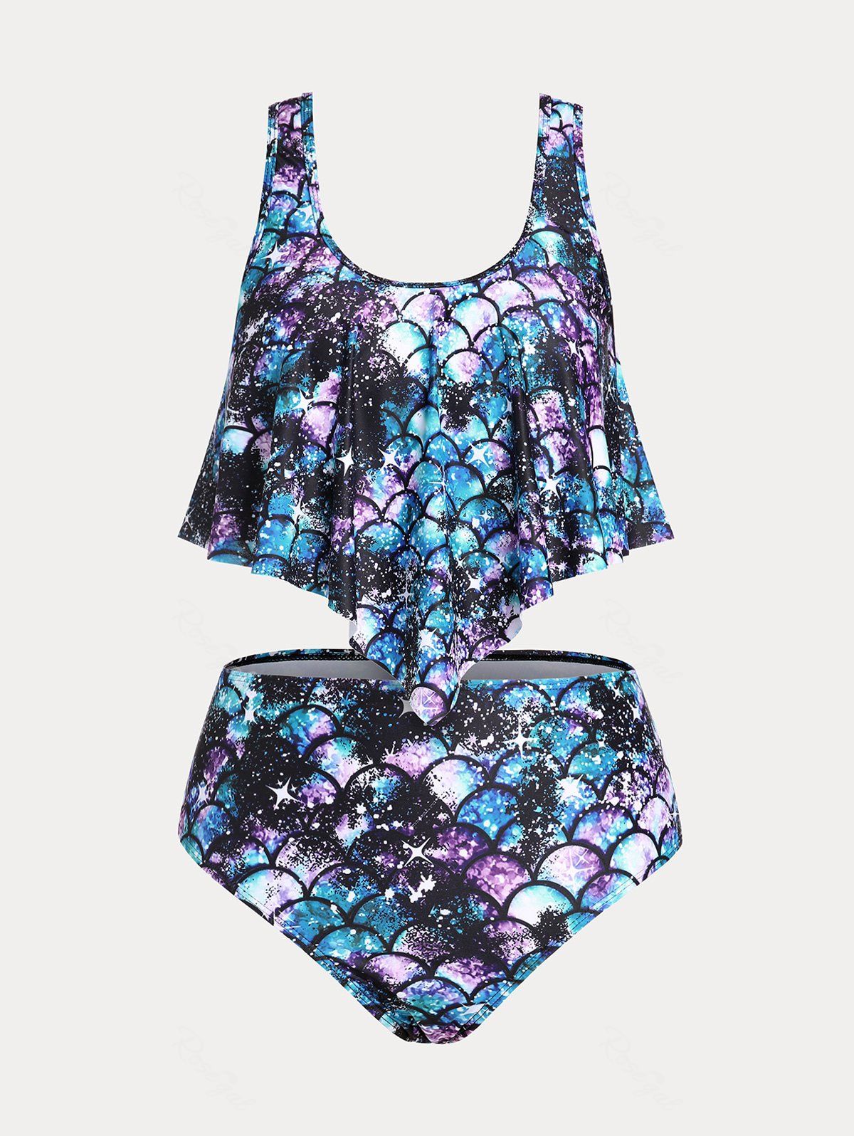 Trendy Plus Size & Curve Mermaid Print Ruffled Overlay Tankini Swimsuit  