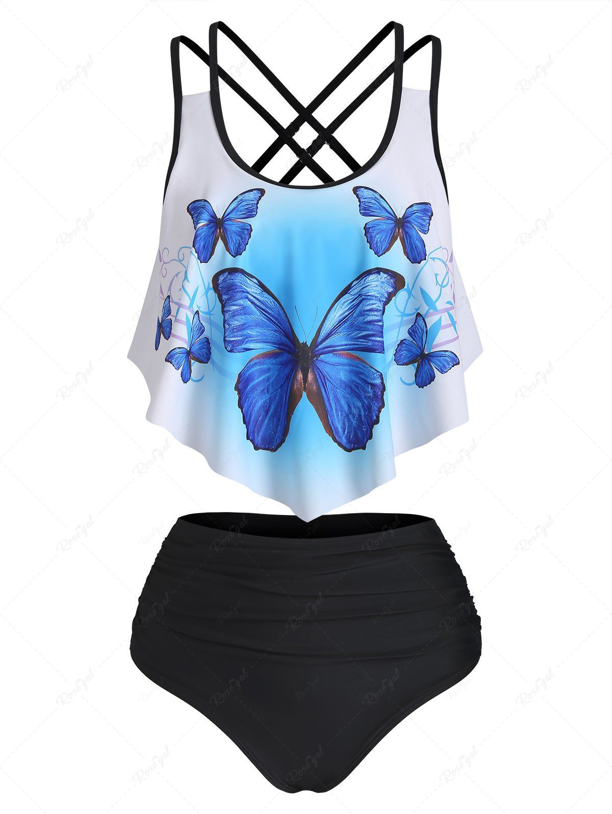 Unique Crossover Butterfly Print Tankini Swimsuit  