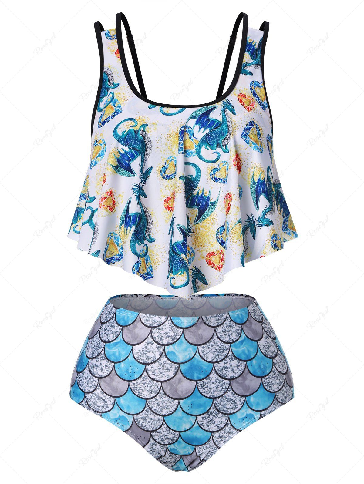 Ensemble de Haut à Imprimé Cœur Dragon à Volants et de Slip Ecaille de Poisson Vert clair XXXL