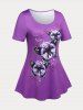 Floral Butterfly Print Plus Size Tunic T-shirt -  