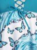 Maillot de Bain Tankini Modeste à Imprimé Papillons en Tourbillon de Grande Taille à Lacets - Bleu clair 1X