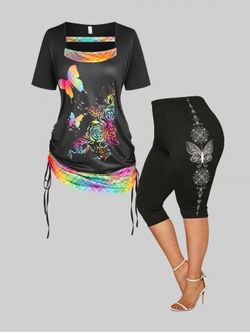 Cutout Butterfly Rose Print Cinched Tee and Curve Capri Leggings Plus Size Summer Outfit - BLACK
