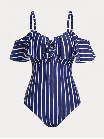 Plus Size Lace-up Flounce Striped One-piece Swimsuit - DEEP BLUE - L