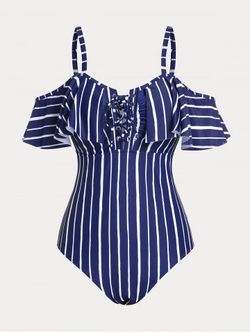 Plus Size Lace-up Flounce Striped One-piece Swimsuit - DEEP BLUE - 1X