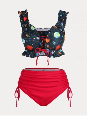 Lace Up Cinched Funny Planet Off Shoulder Plus Size & Curve Two Piece Swimsuit - RED - 2X