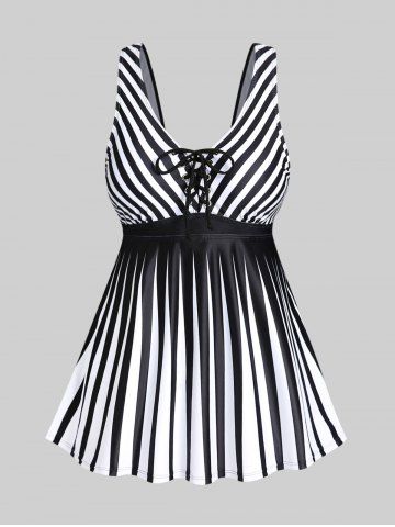 Lace Up Striped Plus Size & Curve Modest Tankini Swimsuit