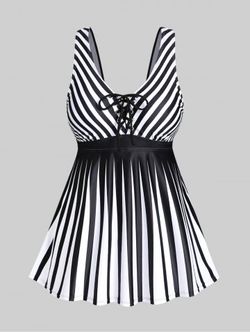 Lace Up Striped Plus Size & Curve Modest Tankini Swimsuit - BLACK - L