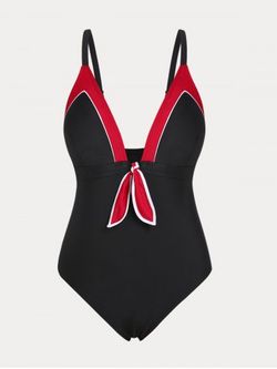 Plus Size & Curve Knot Piping 1950s One-piece Swimsuit - BLACK - 1X