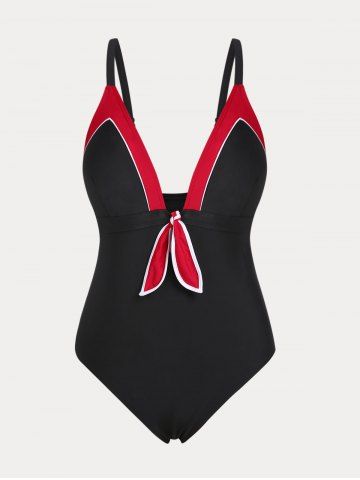 Plus Size & Curve Knot Piping 1950s One-piece Swimsuit - BLACK - 4X