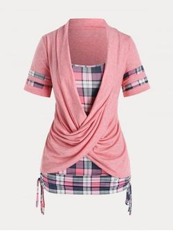 Faux Twinset Crossover Plaid Plus Size & Curve Tee - LIGHT PINK - 1X | US 14-16