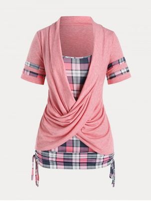 Faux Twinset Crossover Plaid Plus Size & Curve Tee