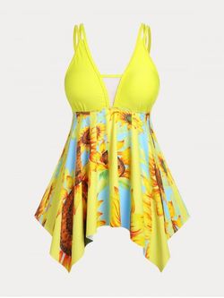 Plus Size & Curve Handkerchief Sunflower Print High Waist Tankini Swimsuit - YELLOW - L