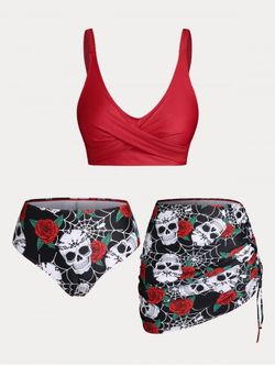 Plus Size & Curve Skull Rose Print Crossover Three Piece Bikini Swimsuit - MULTI - L