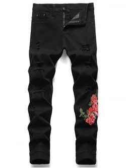 Flower Embroidery Destroy Wash Jeans - BLACK - 32