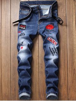Jeans Desgastados con Bordado de Letra y Flores - BLUE - 32