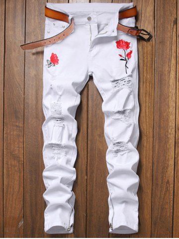 Flower Embroidery Ripped Denim Pants - WHITE - 34