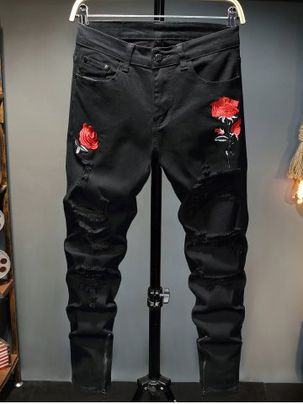 Flower Embroidery Ripped Denim Pants