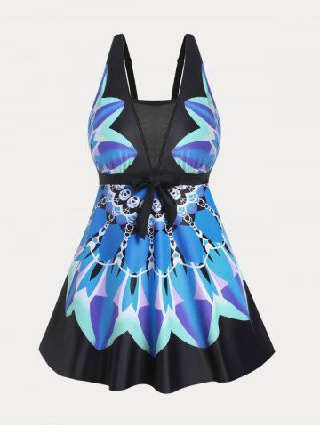 Plus Size & Curve Sheer Mesh Printed High Waist Modest Tankini Swimsuit - BLACK - L