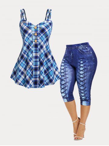 Dual Strap Plaid Tank Top and High Waist Capri 3D Leggings Plus Size Summer Outfit - BLUE