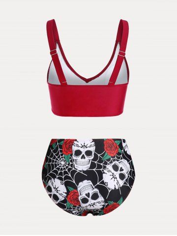 Plus Size & Curve Skull Rose Print Crossover Three Piece Bikini Swimsuit