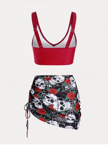 Plus Size & Curve Skull Rose Print Crossover Three Piece Bikini Swimsuit