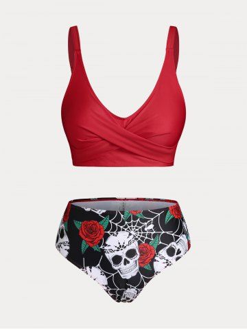 Plus Size & Curve Skull Rose Print Crossover Three Piece Bikini Swimsuit