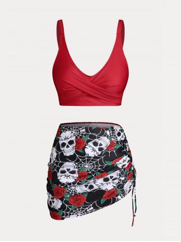 Plus Size & Curve Skull Rose Print Crossover Three Piece Bikini Swimsuit