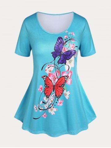 Camiseta en Talla Extra con Estampado de Mariposa en Forma de Flor - BLUE - 2X | US 18-20