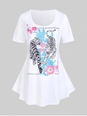 T-shirt Courbe à Imprimé Tigre et Fleurs Grande Taille - WHITE - 5X | US 30-32