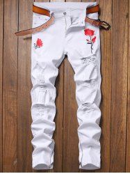 Flower Embroidery Ripped Denim Pants -  
