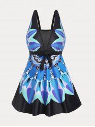 Plus Size & Curve Sheer Mesh Printed High Waist Modest Tankini Swimsuit -  