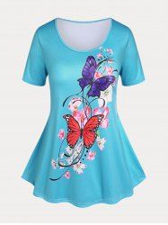 Plus Size & Curve Flower Butterfly Print Flared Tee -  